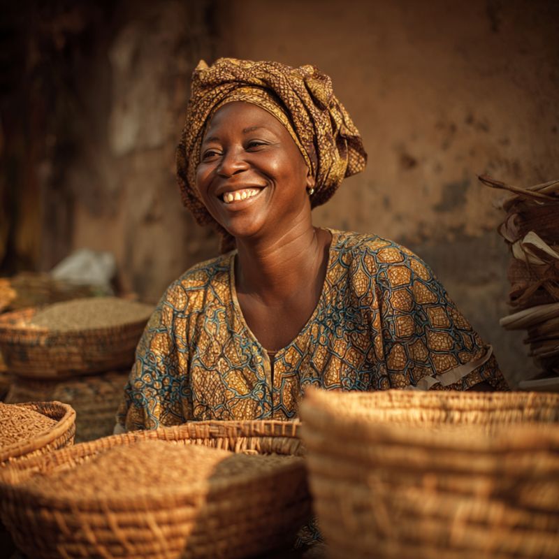 Femme Afro souriante Produits exotiques